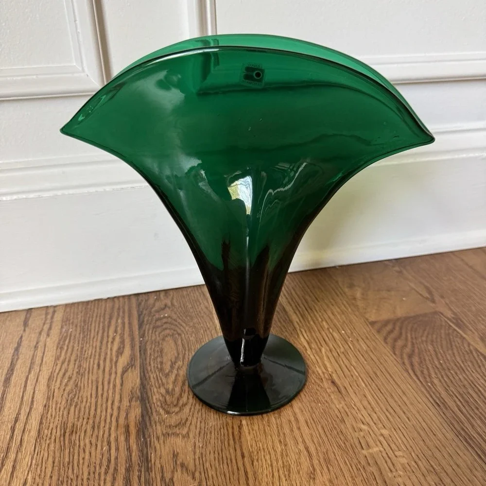Blenko Handmade Art Glass Fan Vase Emerald Green Vintage Mid Century Modern‎ MCM